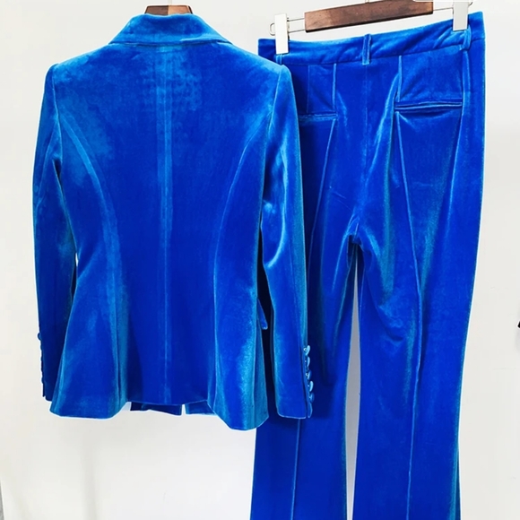 Runway Suit Set Women's Single Button Velvet Blazer Jacket Flare Pants Set - Picture 3 of 6